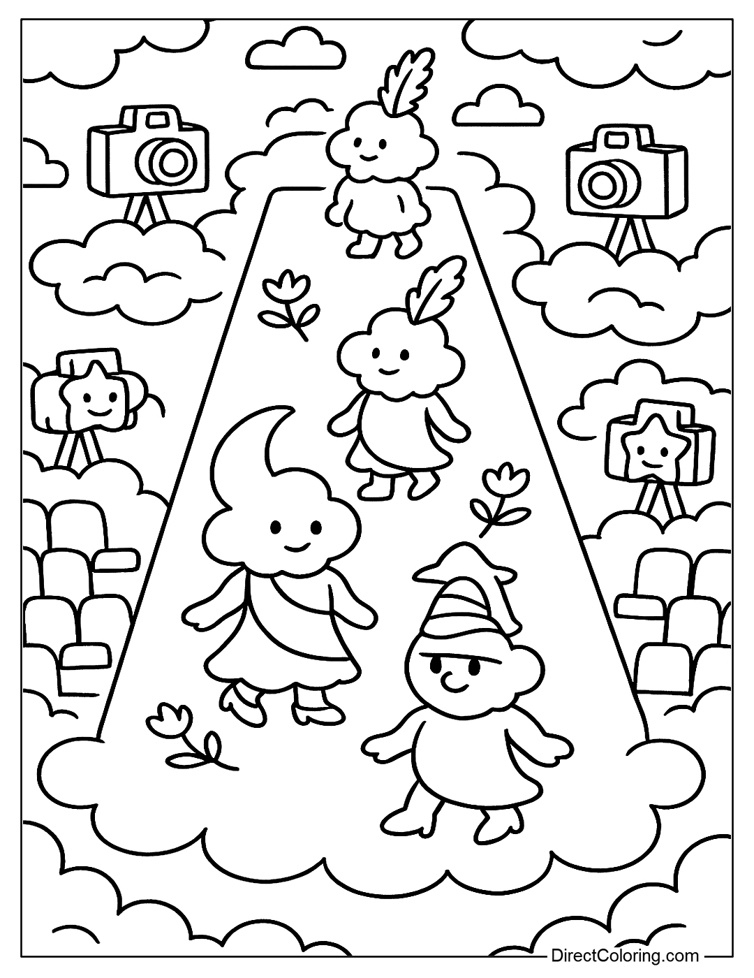 A cloud shaped like a runway, with little clouds representing models wearing moon dresses, cloud shoes, and feathered hats coloring